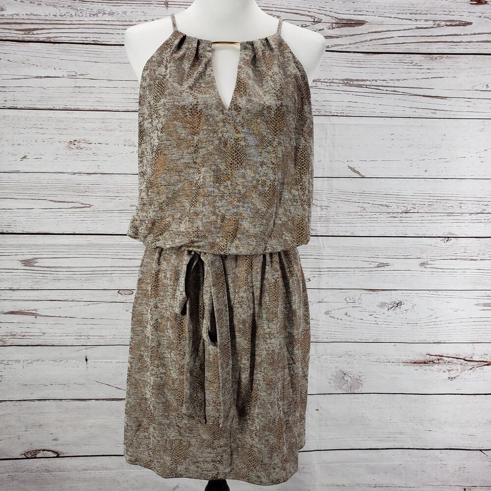 White House Black Market Women's Tan Bronze Tie Waist Dress Size Large
